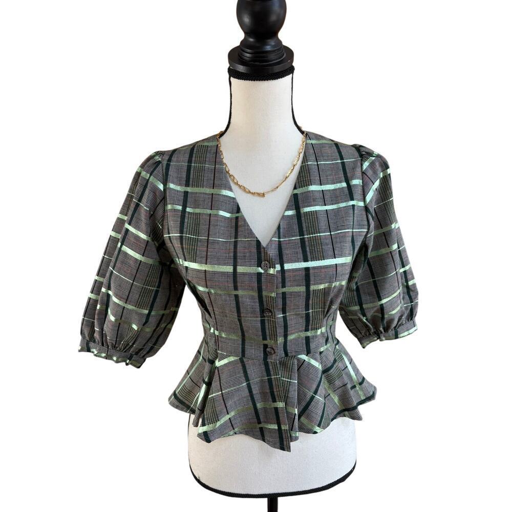 Jeune Otte Women's Christine Blouse Wool Plaid Peplum Top Green Multi Size S NWT